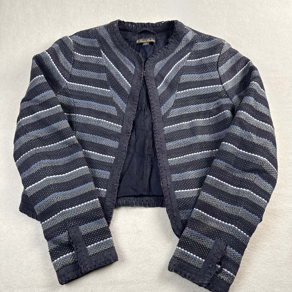 Brooks Brothers Womens Navy Striped Suede Trim Whipstitch Cropped Jacket Size 6